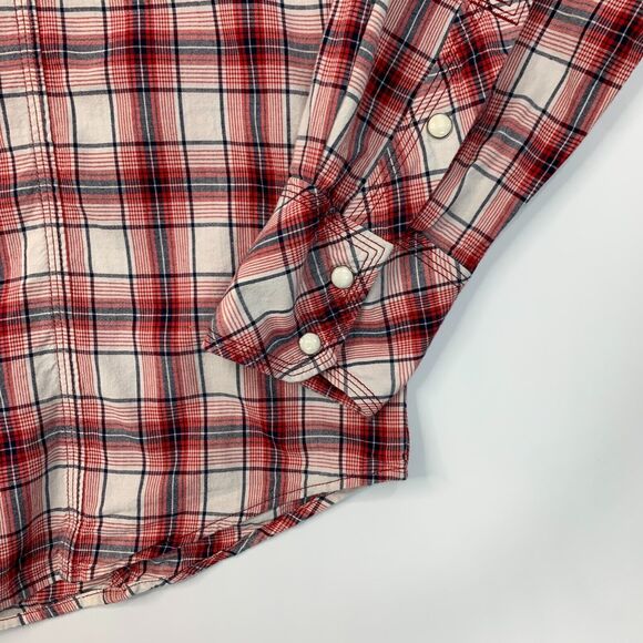 True Religion Western Shirt Mens 3XL XXXL Red Navy Plaid Pocket Snap Button Up - Picture 3 of 13